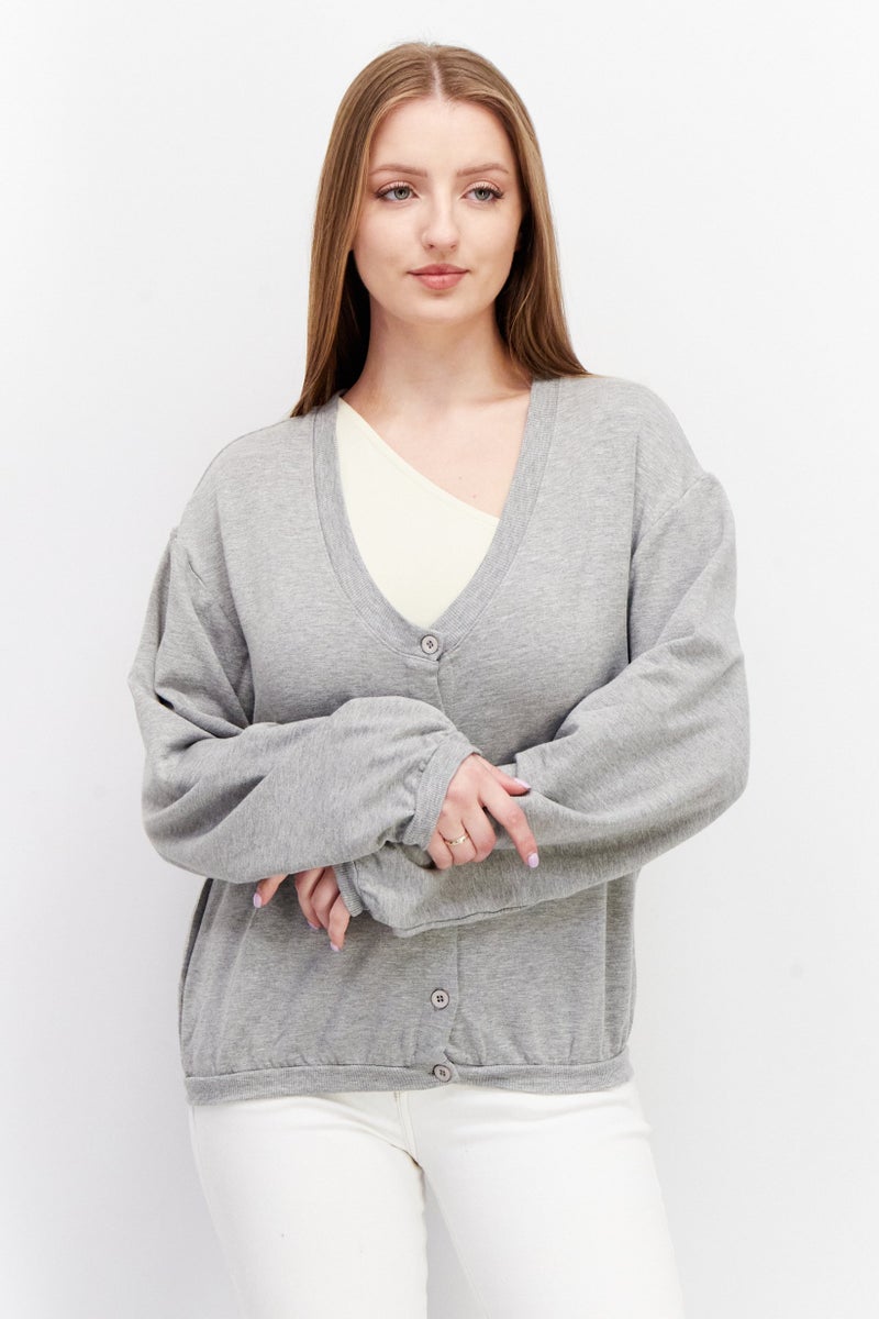 Women V Neck Long Sleeve Heather Cardigans, Grey