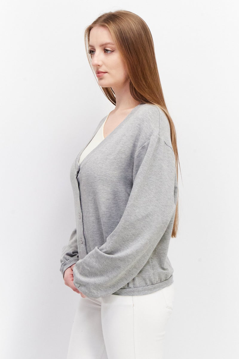 Women V Neck Long Sleeve Heather Cardigans, Grey