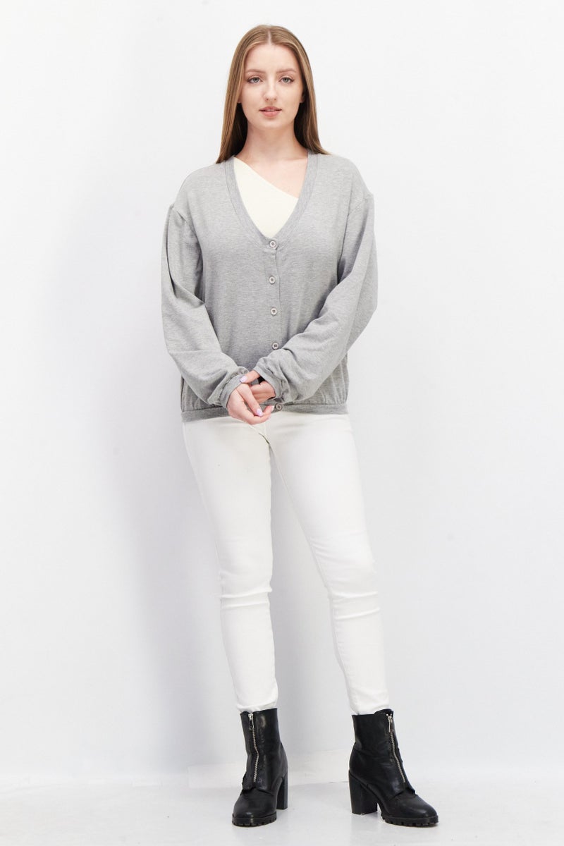 Women V Neck Long Sleeve Heather Cardigans, Grey