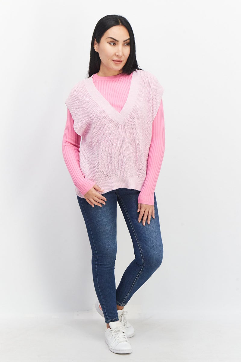 Women V-Neck Knitted Sweater, Pink