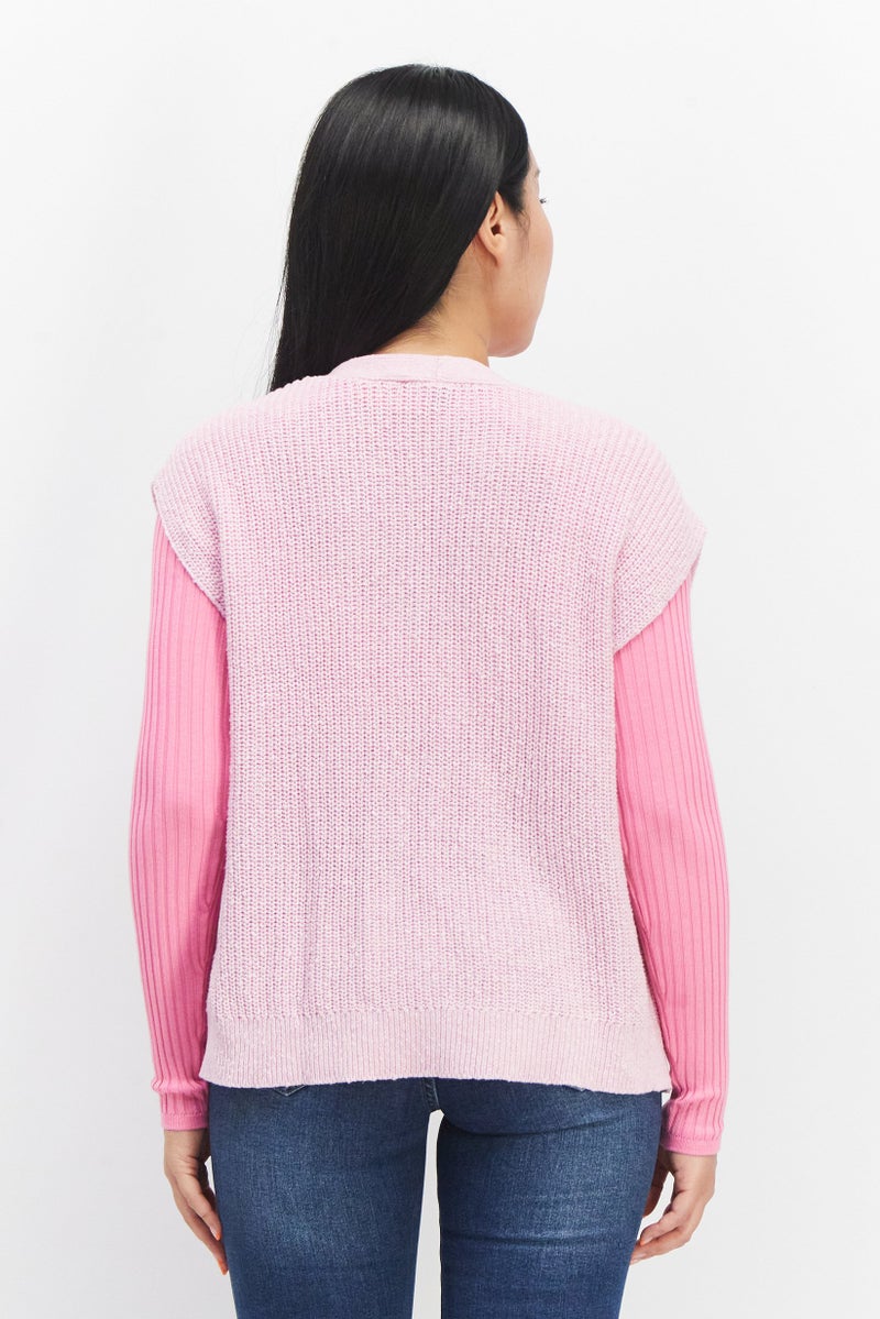 Women V-Neck Knitted Sweater, Pink