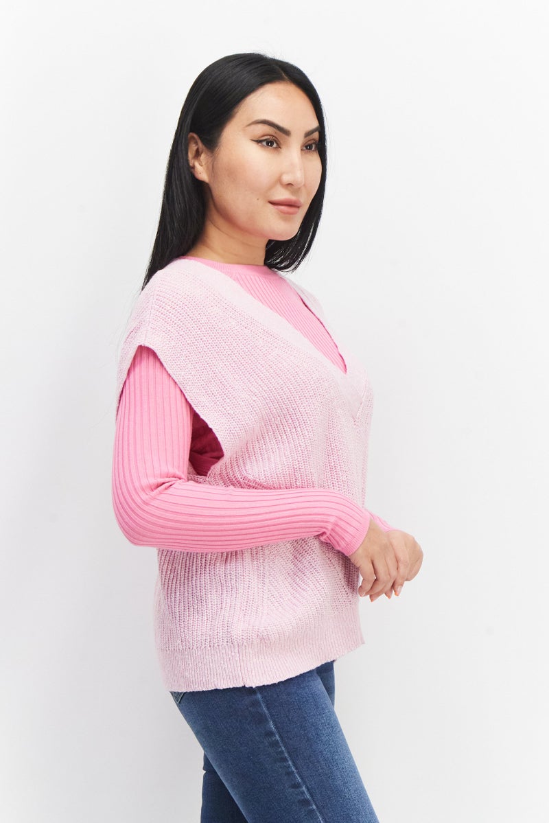 Women V-Neck Knitted Sweater, Pink