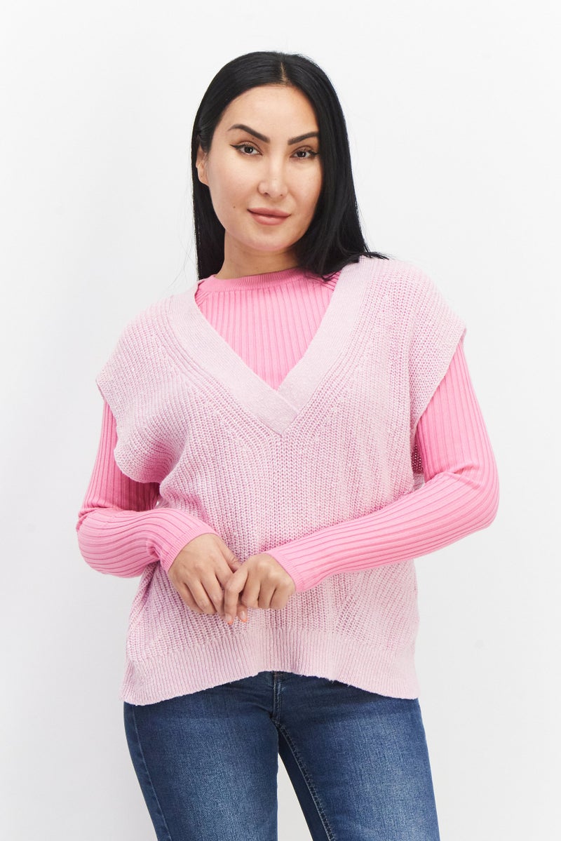 Women V-Neck Knitted Sweater, Pink