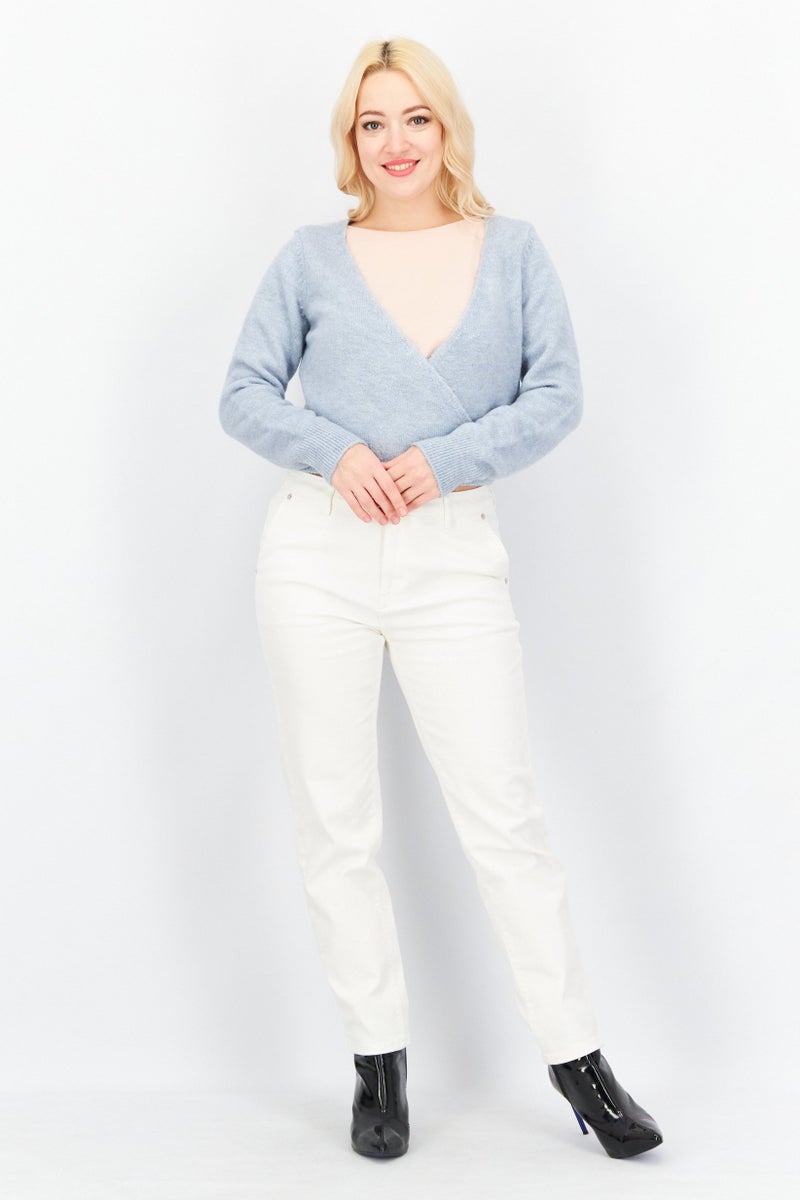 Women Surplice Neck Long Sleeve Textured Cardigan, Sky Blue
