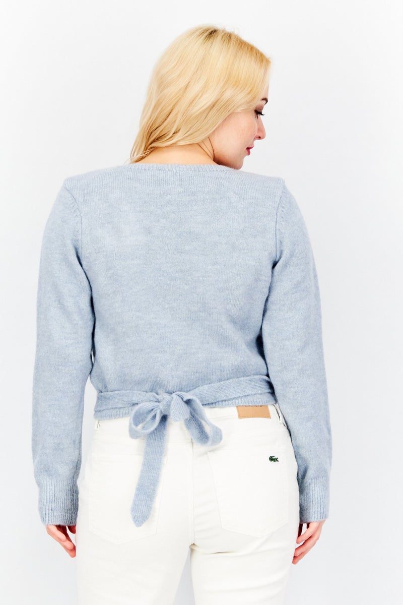 Women Surplice Neck Long Sleeve Textured Cardigan, Sky Blue