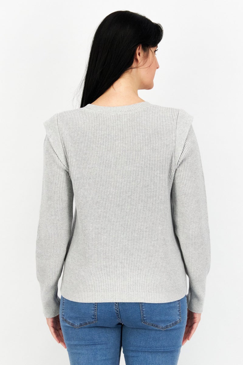 Women Round Neck Long Sleeve Textured Sweater, Grey