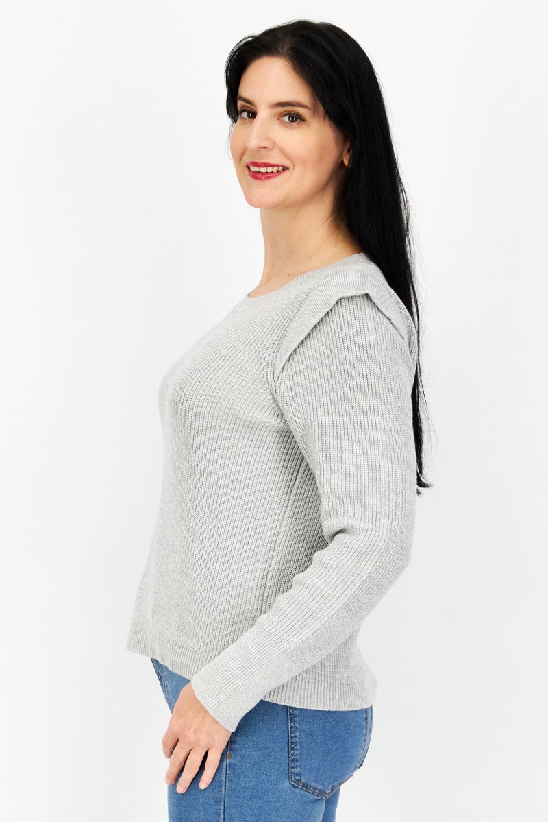 Women Round Neck Long Sleeve Textured Sweater, Grey