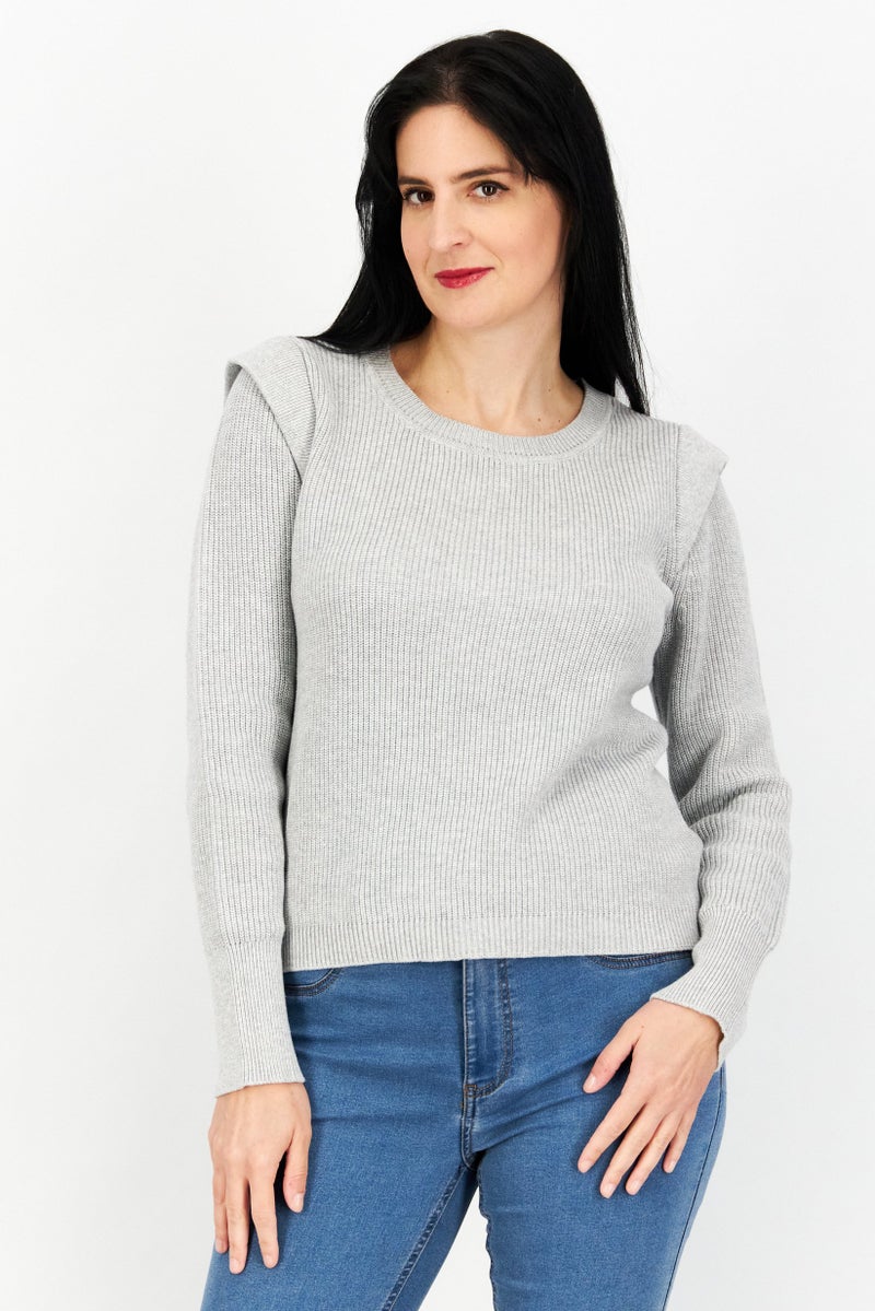 Women Round Neck Long Sleeve Textured Sweater, Grey