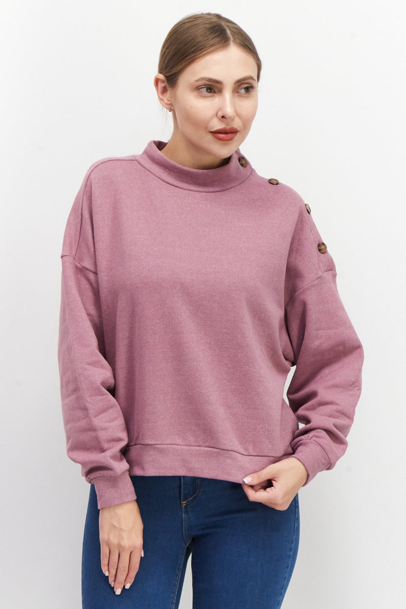 Women Mock Neck Button Details Sweater, Pink