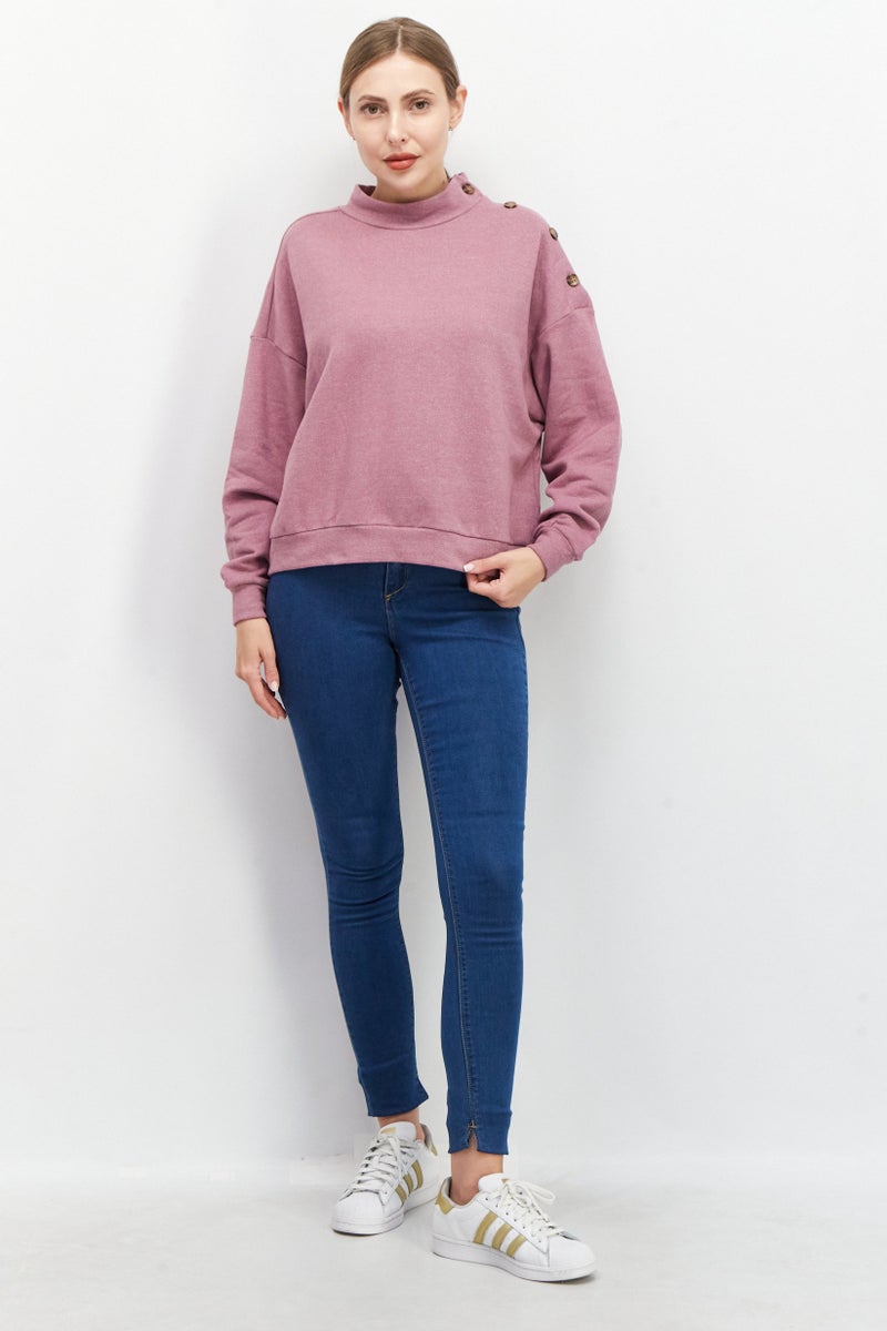 Women Mock Neck Button Details Sweater, Pink