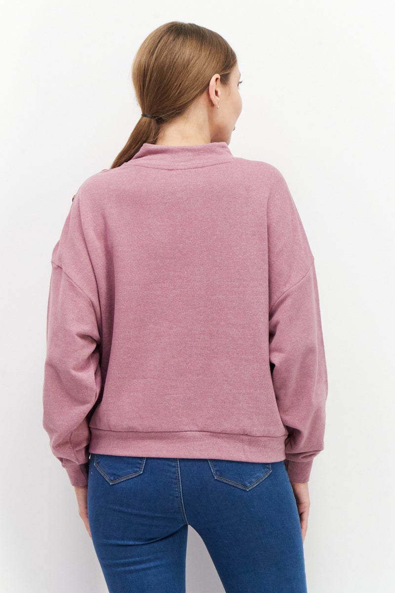 Women Mock Neck Button Details Sweater, Pink