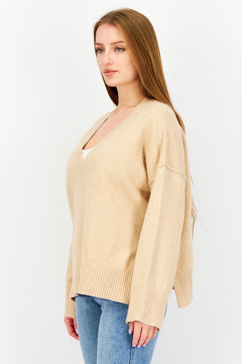 Women V-Neck Knitted Sweater, Tan