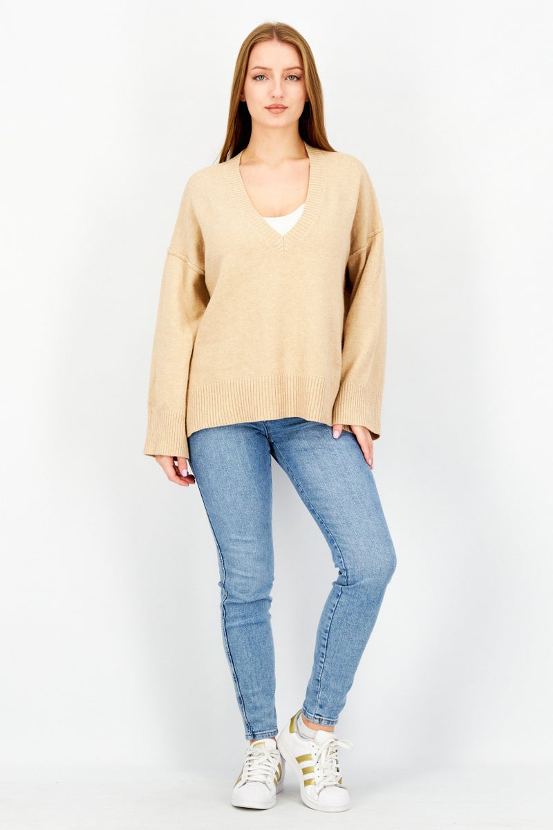 Women V-Neck Knitted Sweater, Tan