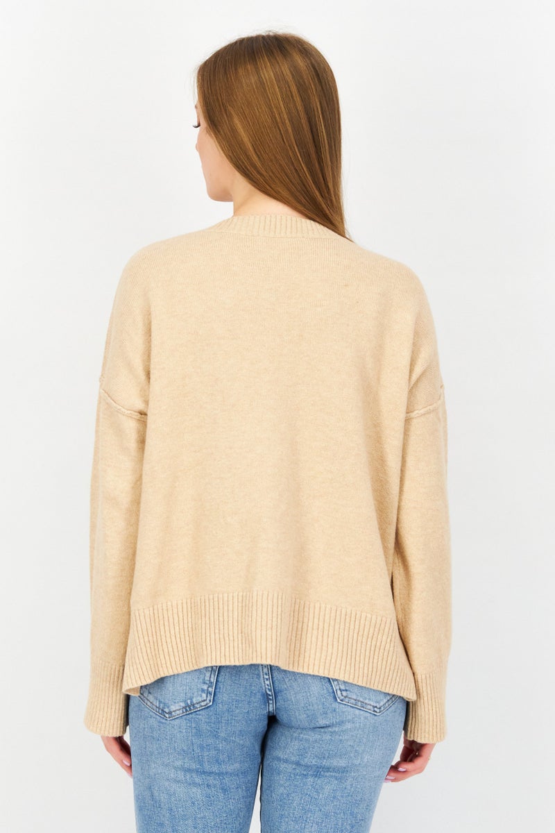 Women V-Neck Knitted Sweater, Tan