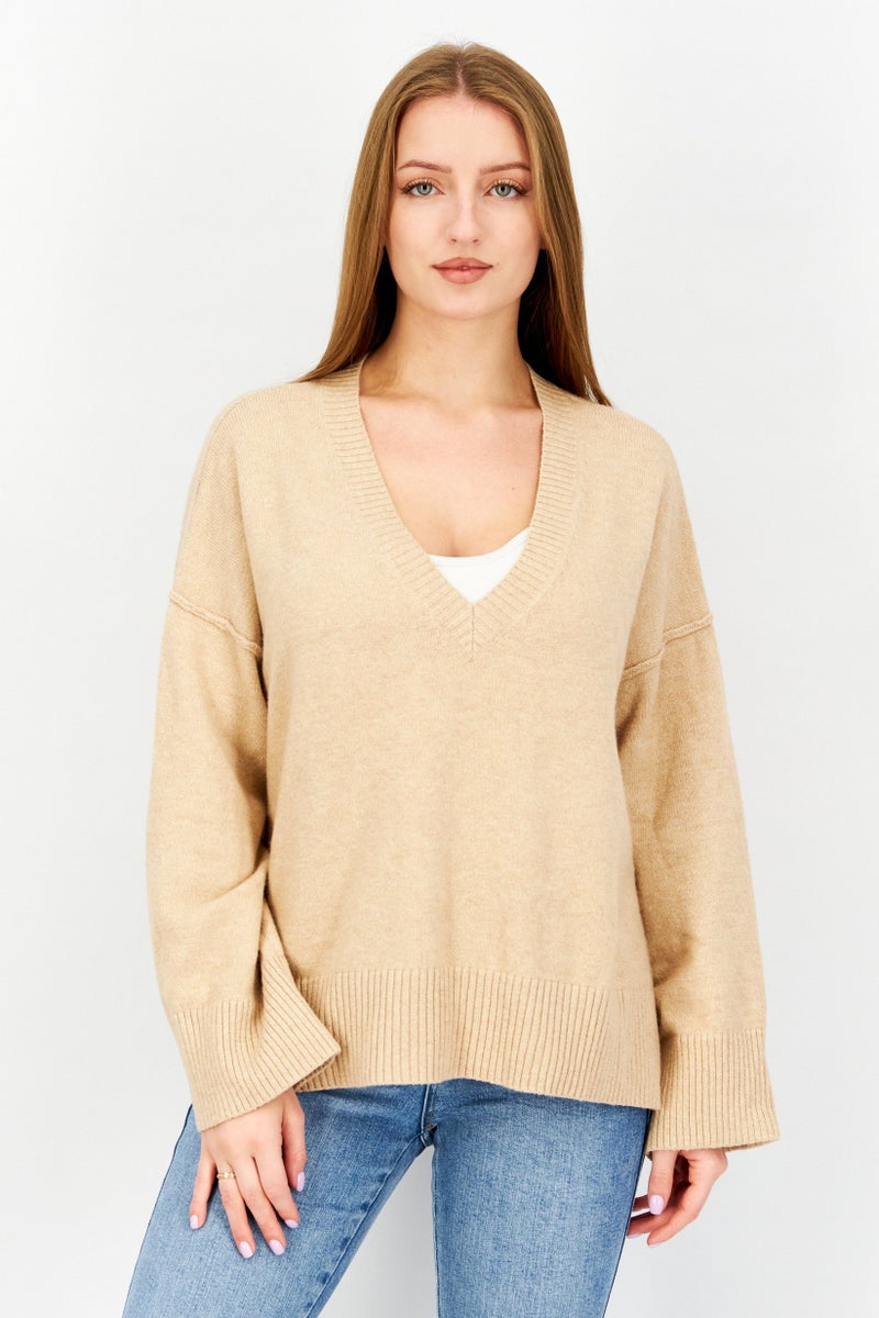 Women V-Neck Knitted Sweater, Tan