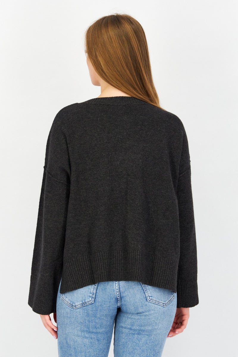 Women V-Neck Knitted Sweater, Charcoal