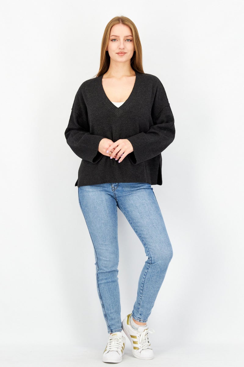 Women V-Neck Knitted Sweater, Charcoal