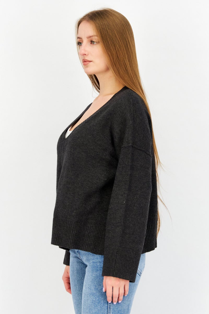 Women V-Neck Knitted Sweater, Charcoal