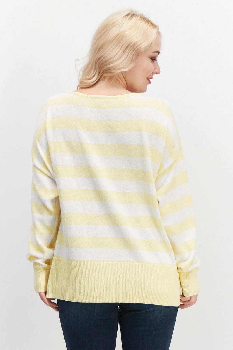 Women Boat Neck Stripe Sweater, Yellow