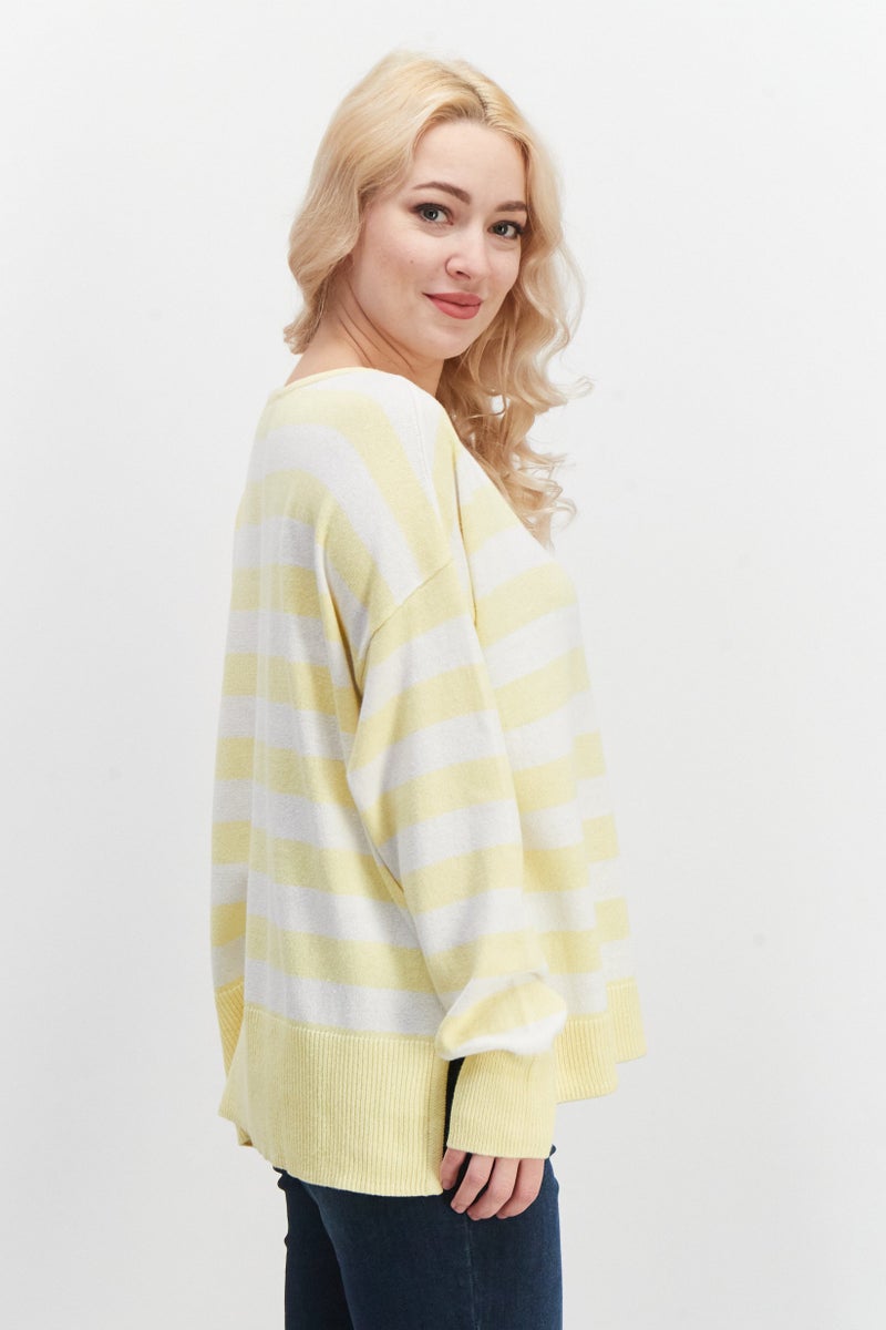 Women Boat Neck Stripe Sweater, Yellow