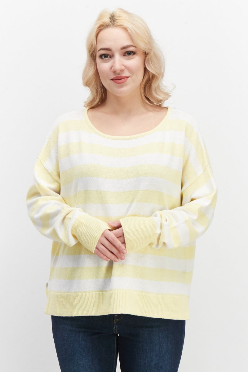 Women Boat Neck Stripe Sweater, Yellow