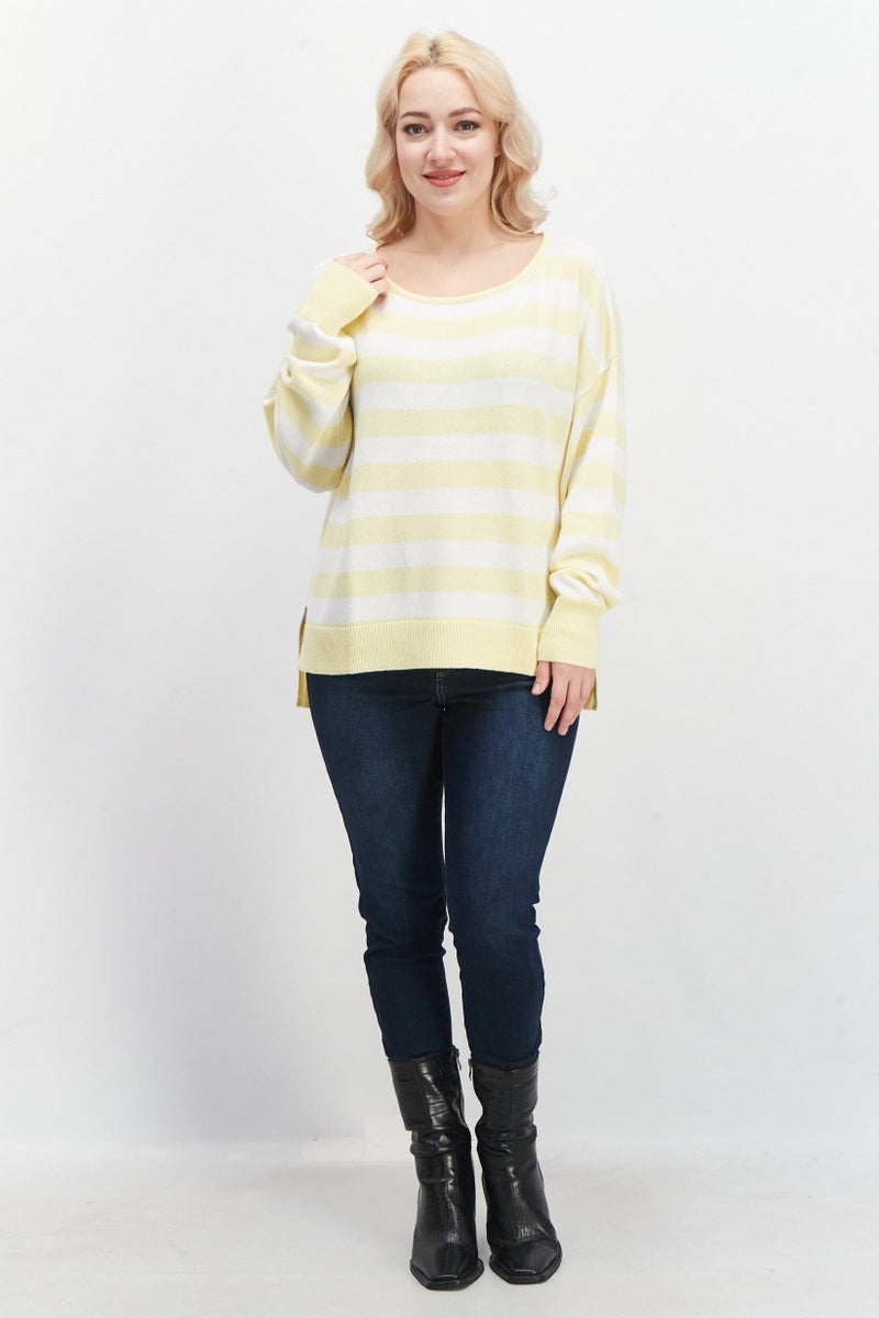 Women Boat Neck Stripe Sweater, Yellow