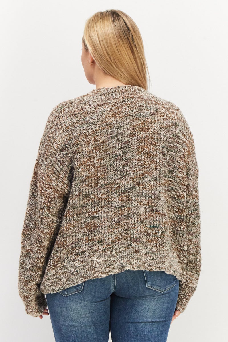 Women V-Neck Knitted Cardigan, Brown Combo