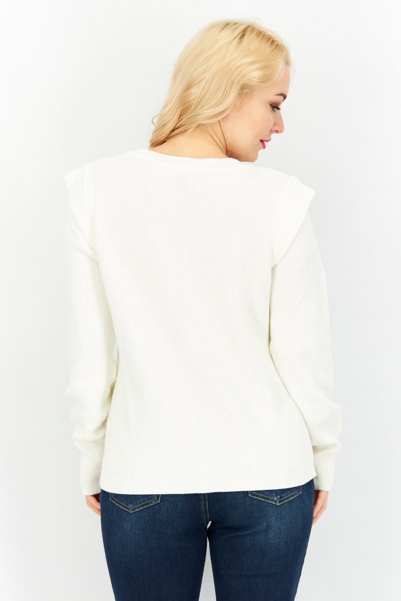 Women Crew Neck Knitted Sweater, White