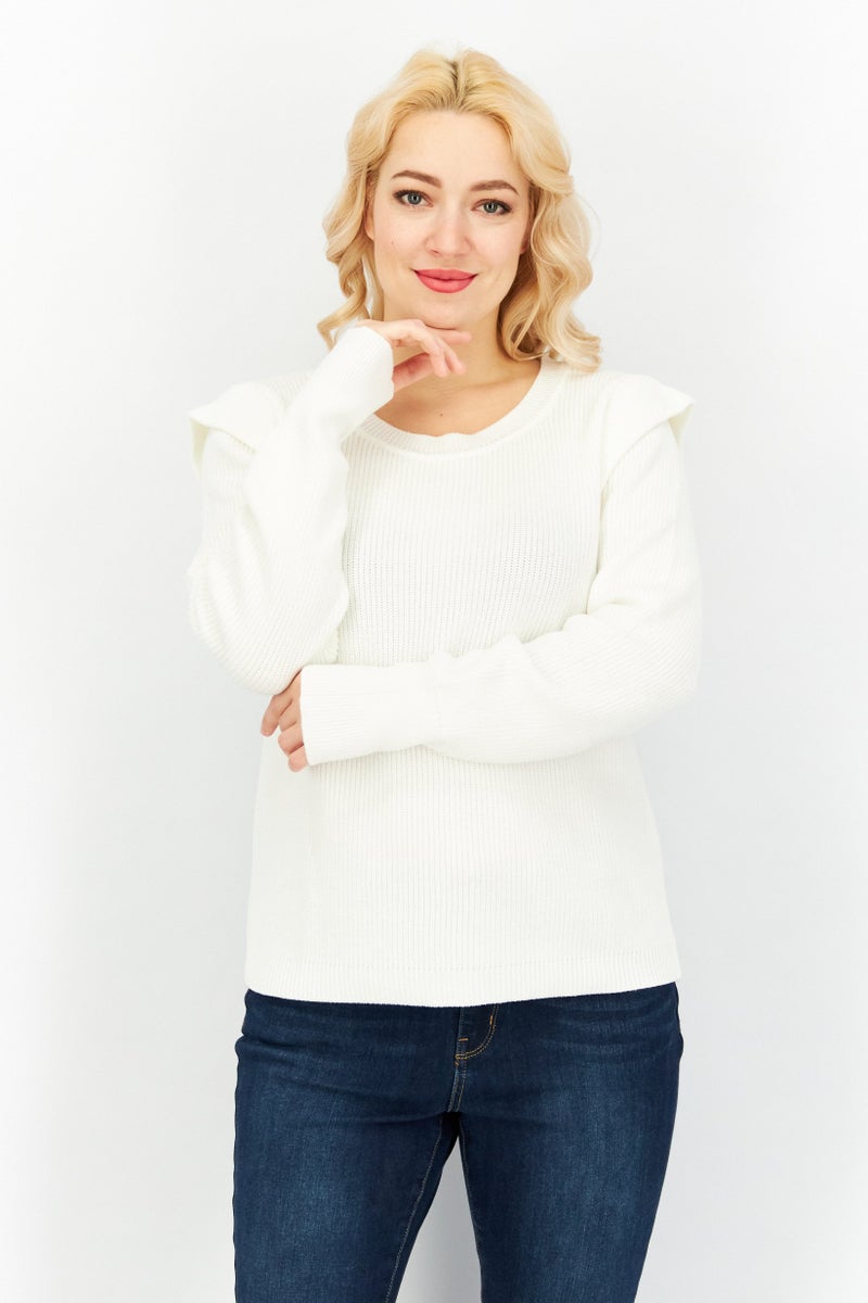 Women Crew Neck Knitted Sweater, White