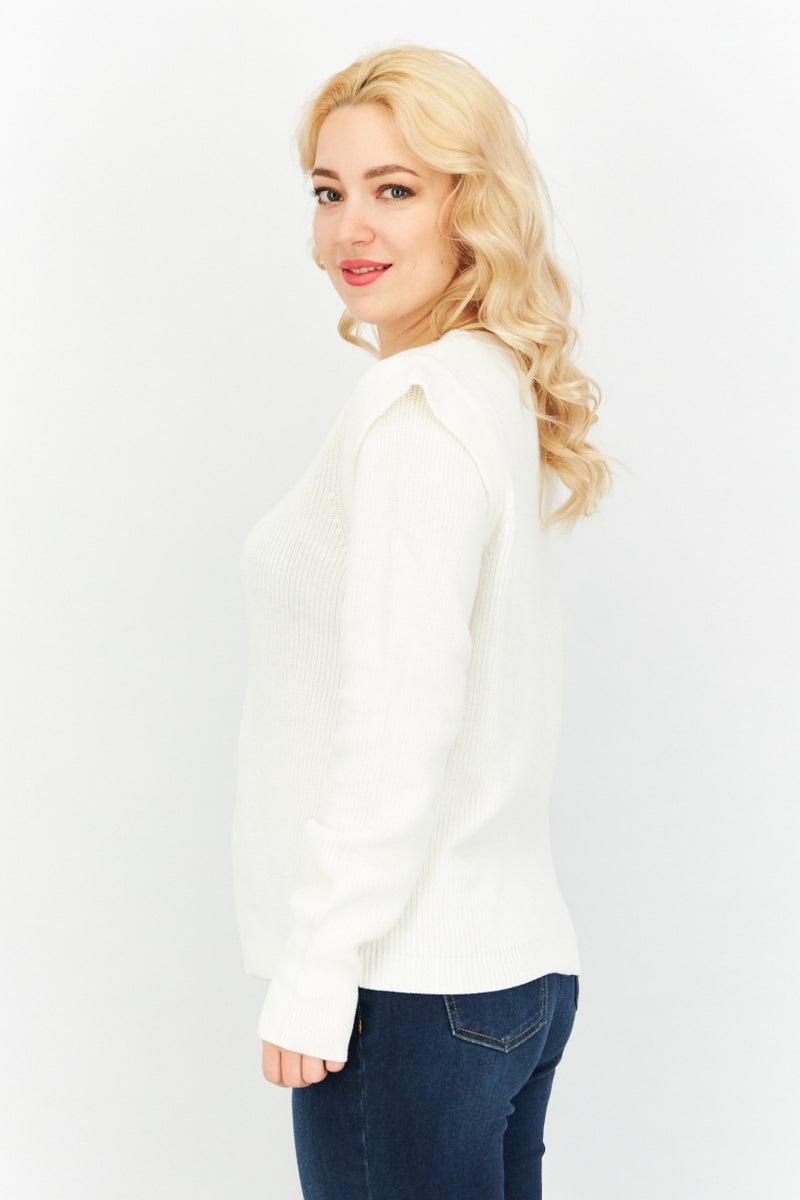 Women Crew Neck Knitted Sweater, White