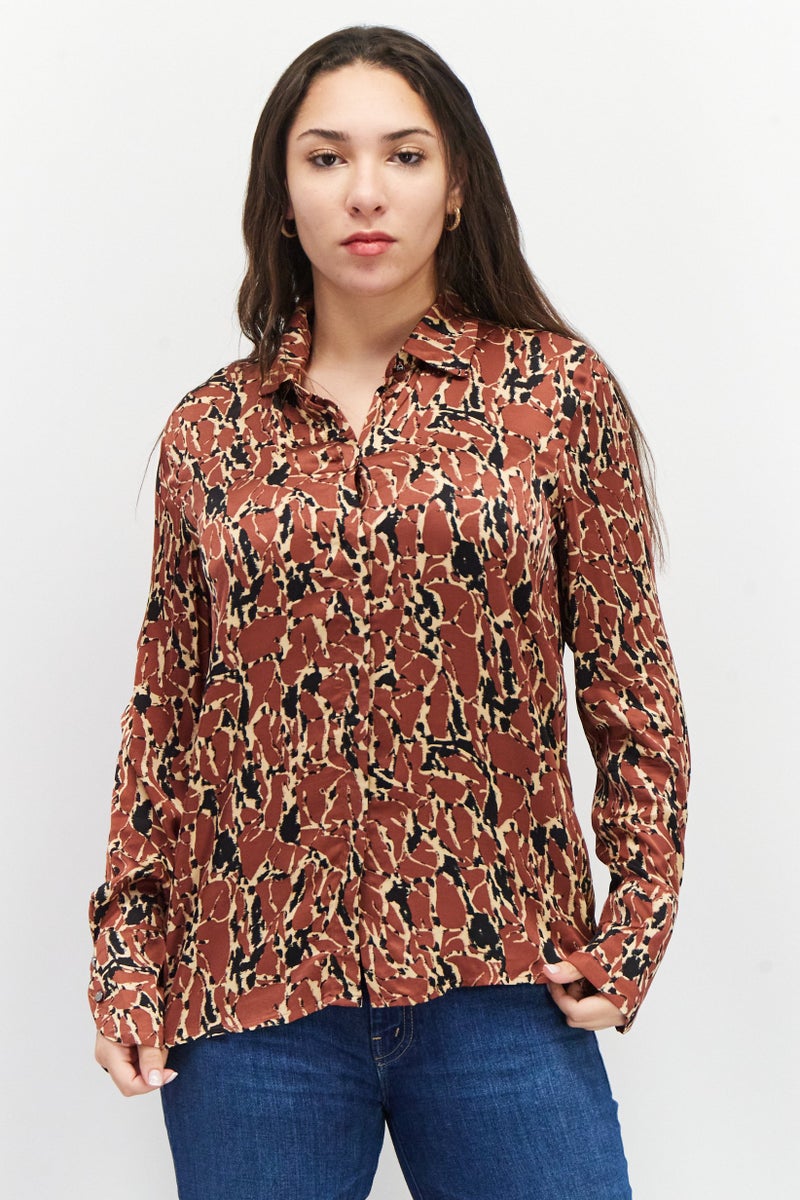 Women Spread Collar Long Sleeves Allover Print Blouse, Brown