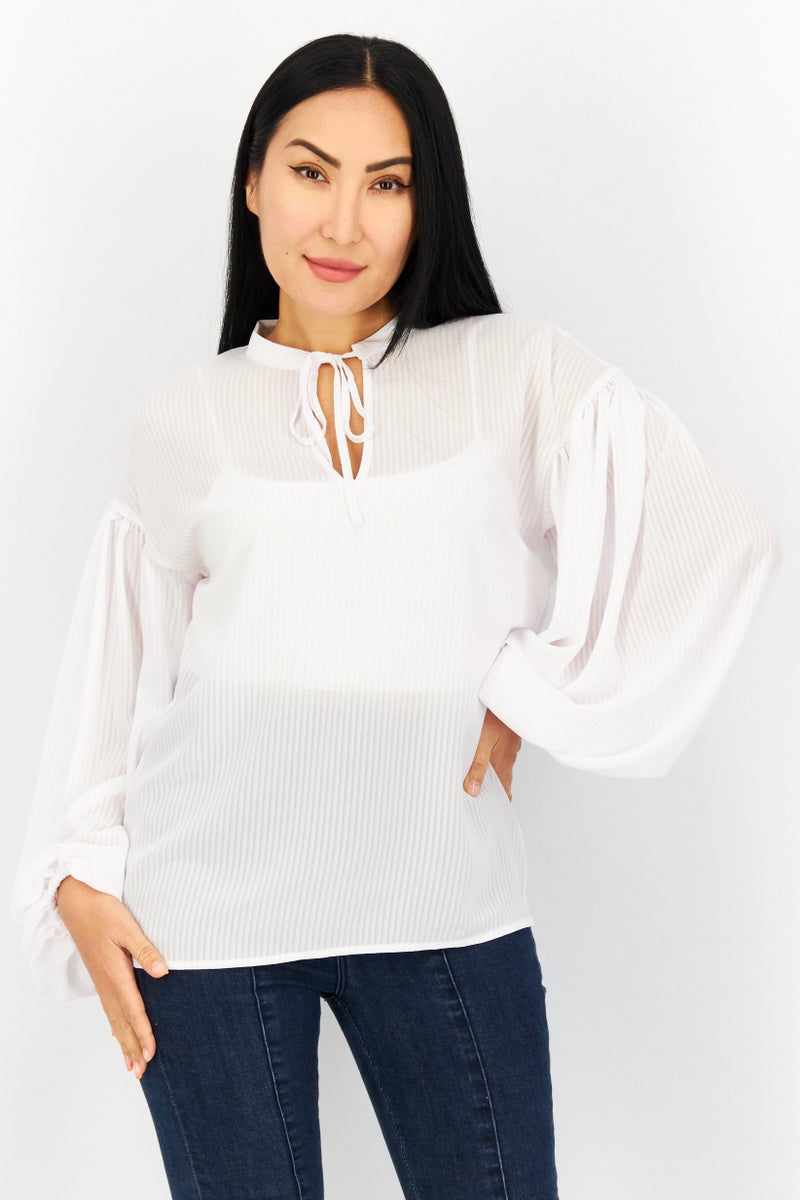 Women Tie  Neck Long Sleeve Solid Blouse, White