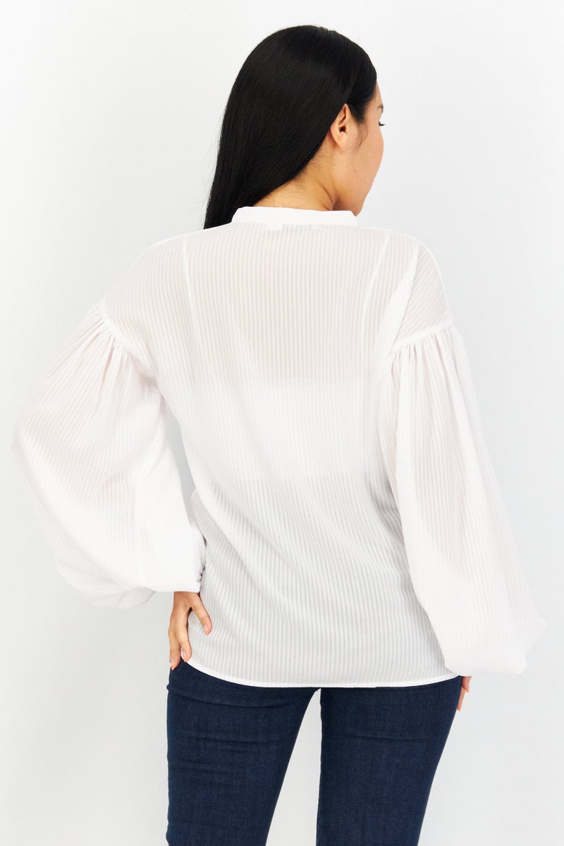 Women Tie  Neck Long Sleeve Solid Blouse, White