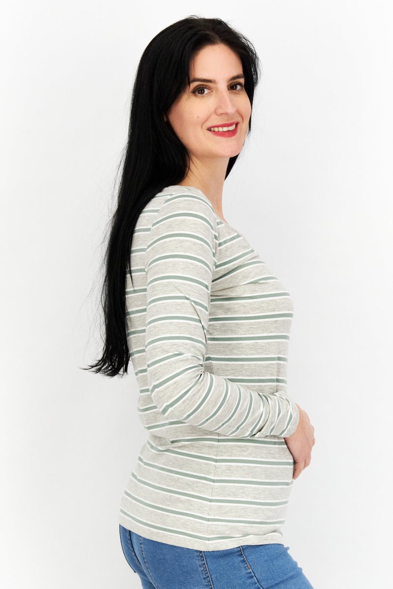 Women U-Neck Long Sleeve Stripe Top, Grey/Olive/White