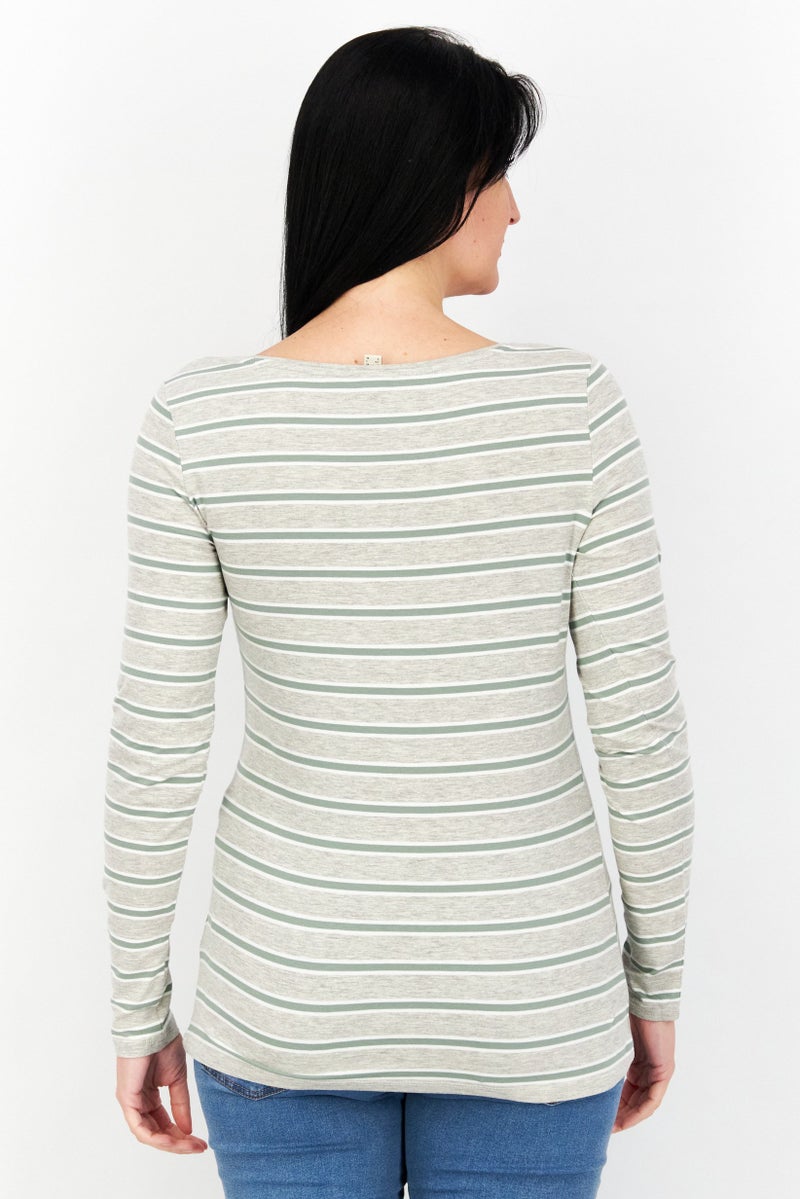 Women U-Neck Long Sleeve Stripe Top, Grey/Olive/White