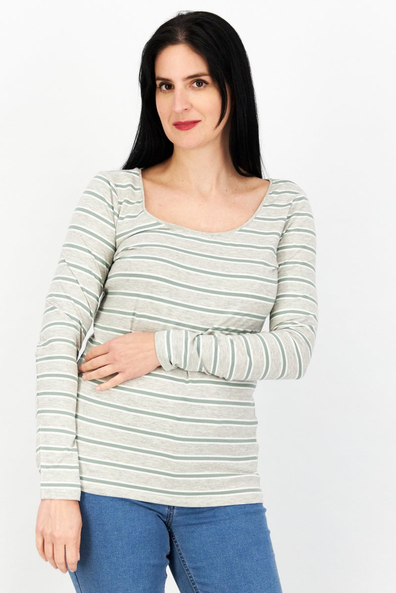 Women U-Neck Long Sleeve Stripe Top, Grey/Olive/White