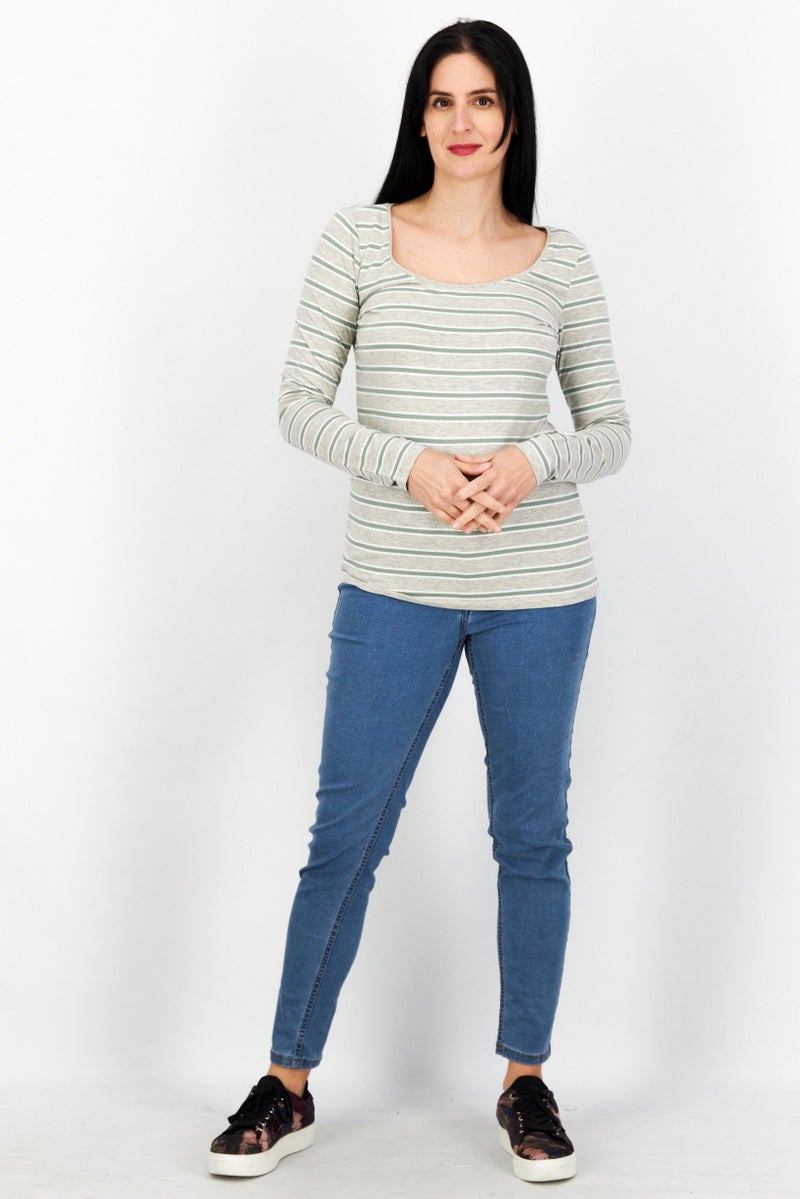 Women U-Neck Long Sleeve Stripe Top, Grey/Olive/White