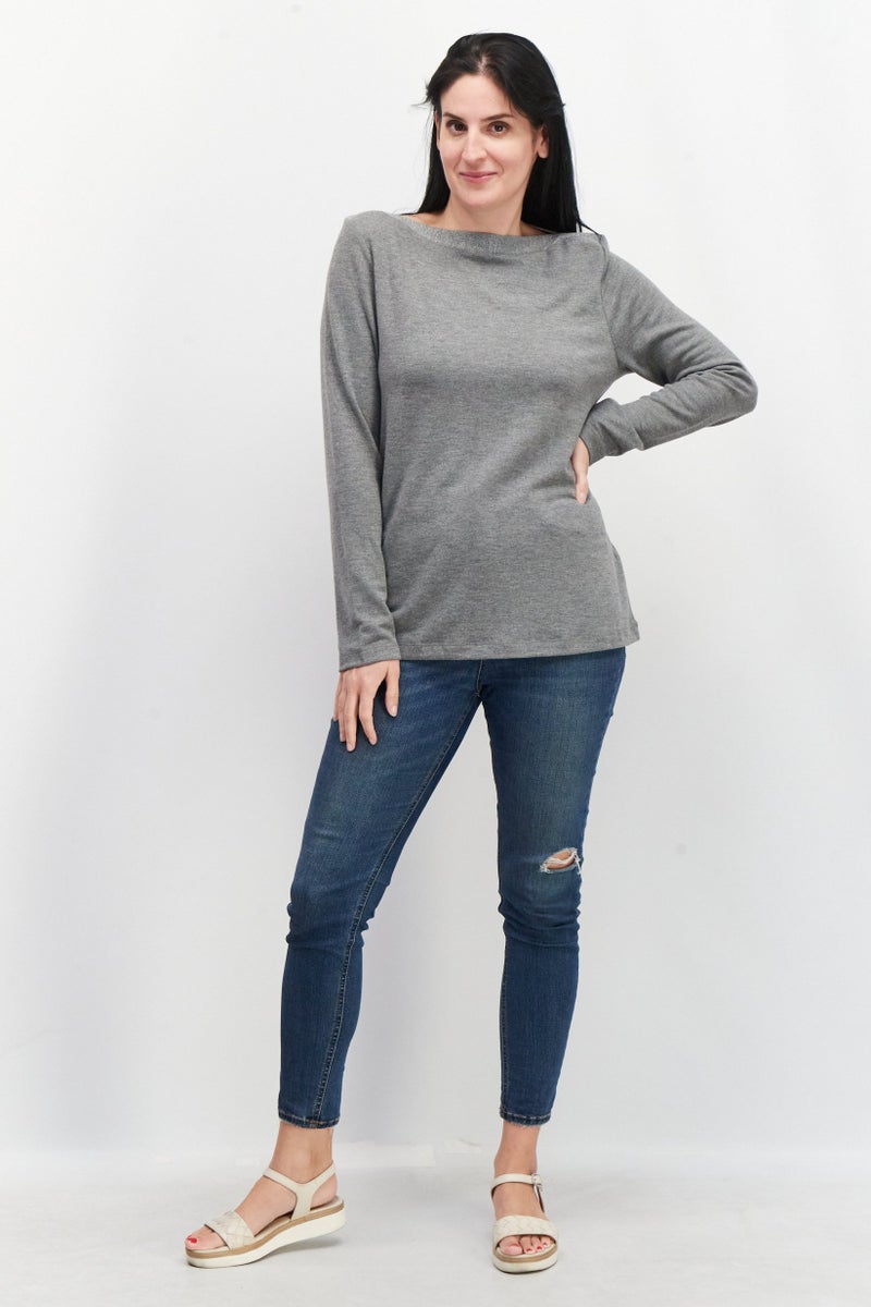 Women Boat Neck Long Sleeve Heather Shirts, Grey