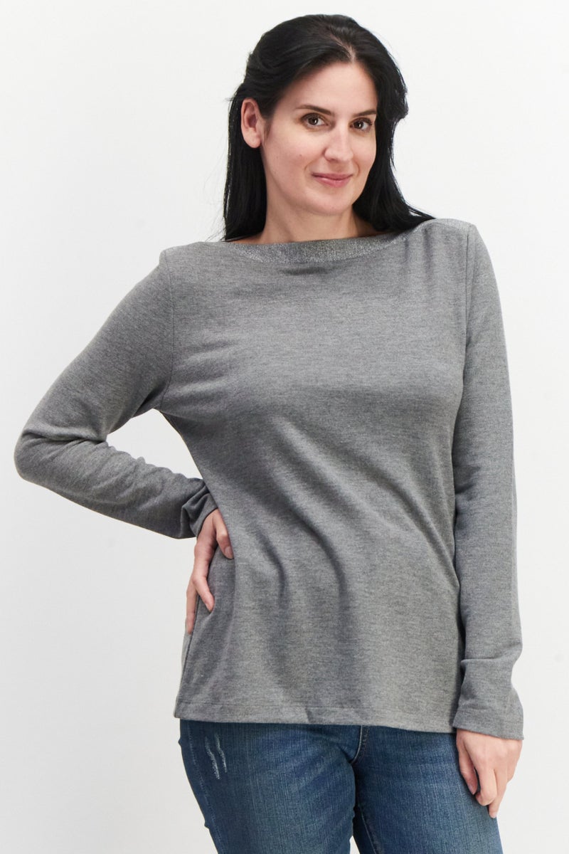 Women Boat Neck Long Sleeve Heather Shirts, Grey