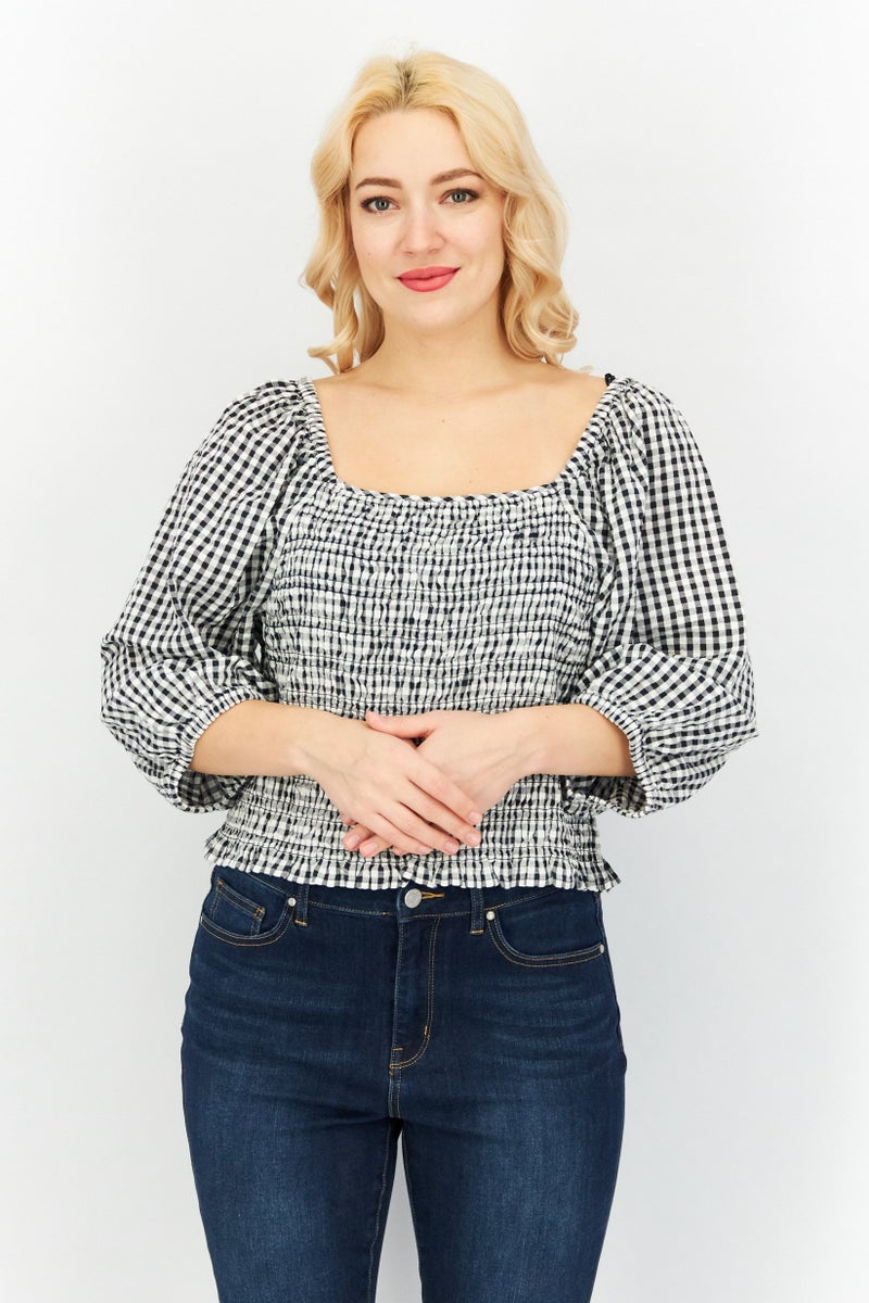 Women Square Neck Short Sleeve Gingham Blouse, Navy/White