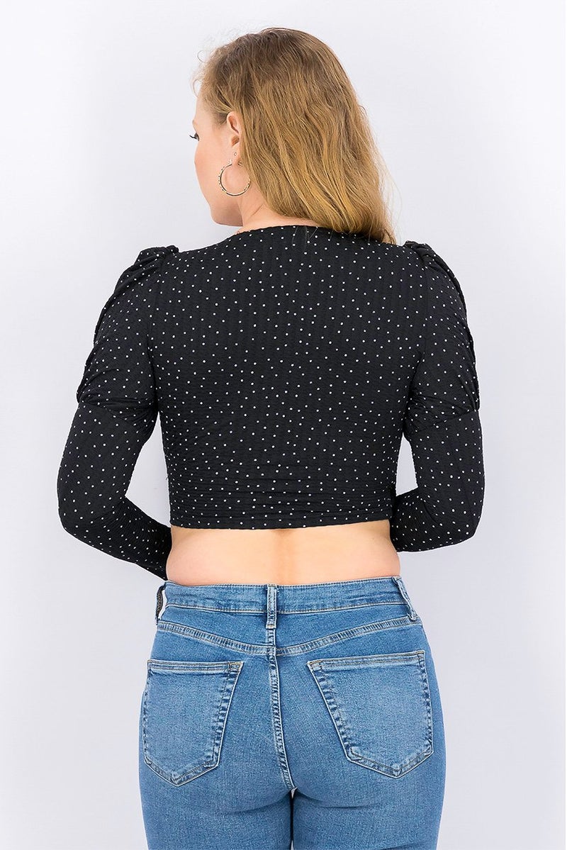 Women Surplice Neck Long Sleeve Polka Dots Crop Top, Black