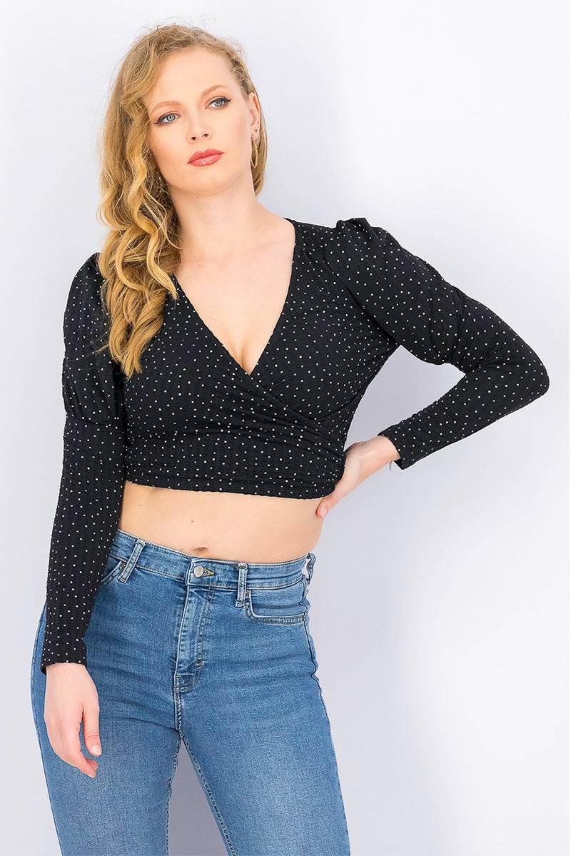 Women Surplice Neck Long Sleeve Polka Dots Crop Top, Black