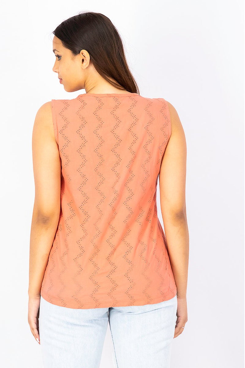 Women V-neck Sleeveless Eyelet Pattern Top, Coral