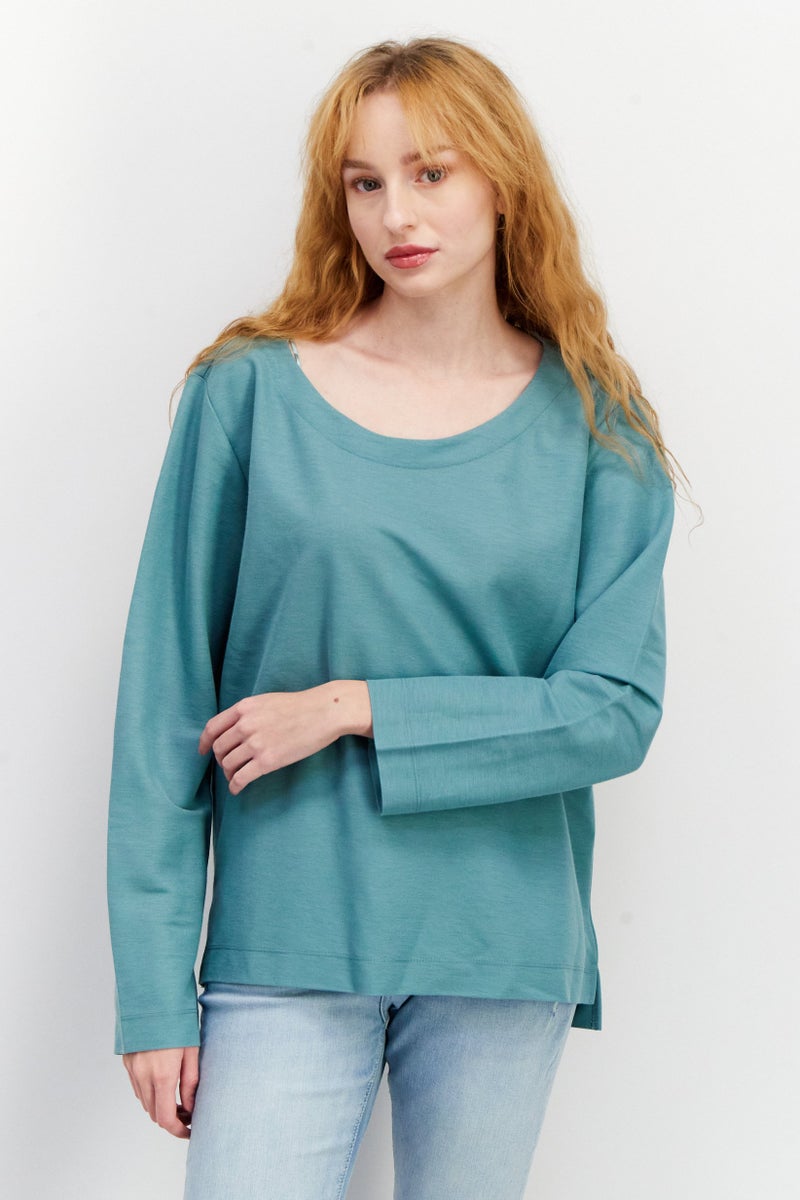 Women Round Neck Long Sleeve Plain Top, Sage Green