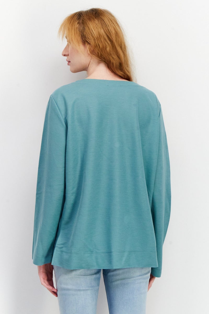 Women Round Neck Long Sleeve Plain Top, Sage Green