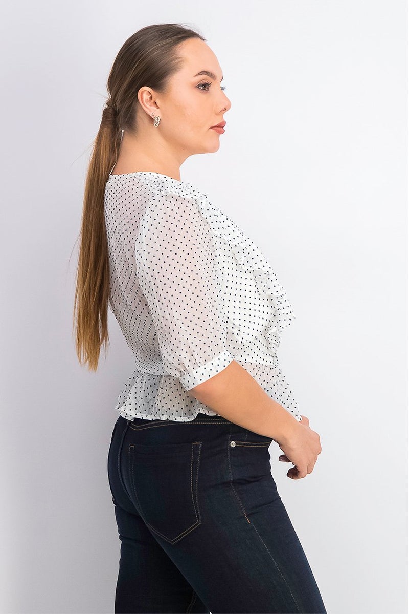 Women Micro Polka Dots Tops, White and Black