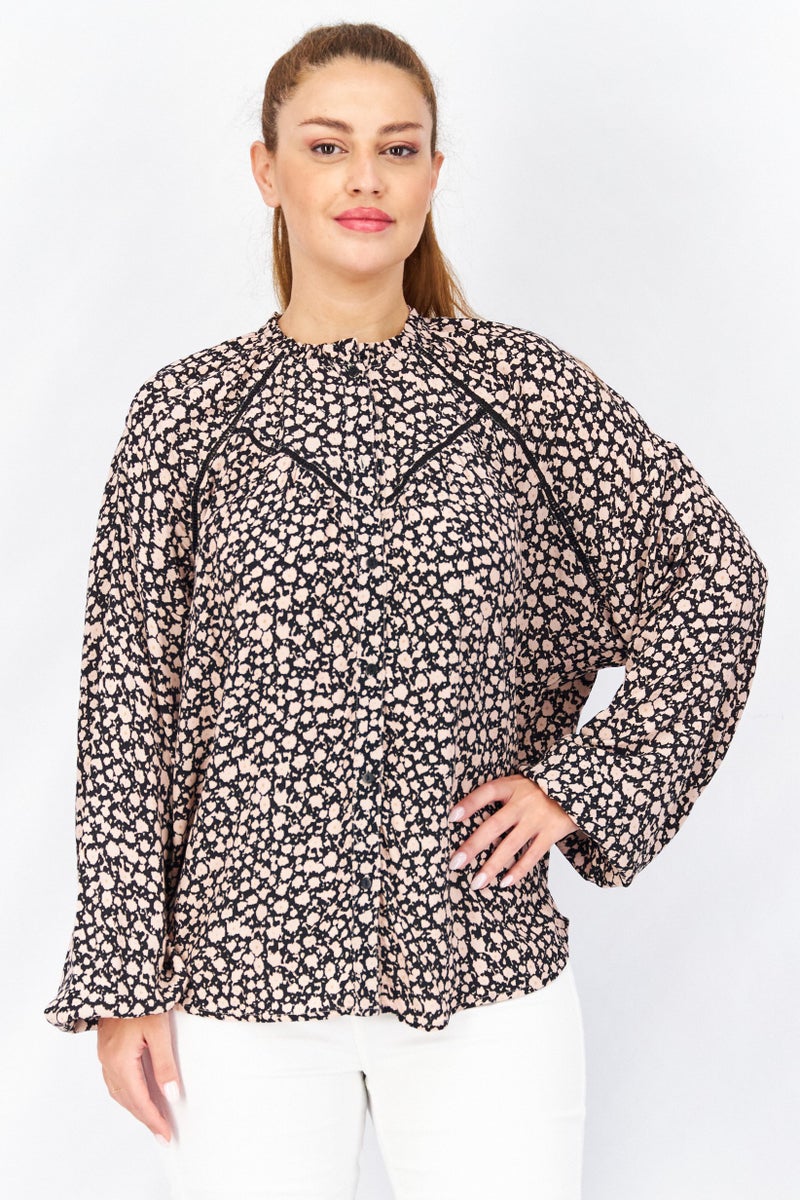 Women High Neck Long Sleeve Allover Print Shirt, Black/Peach