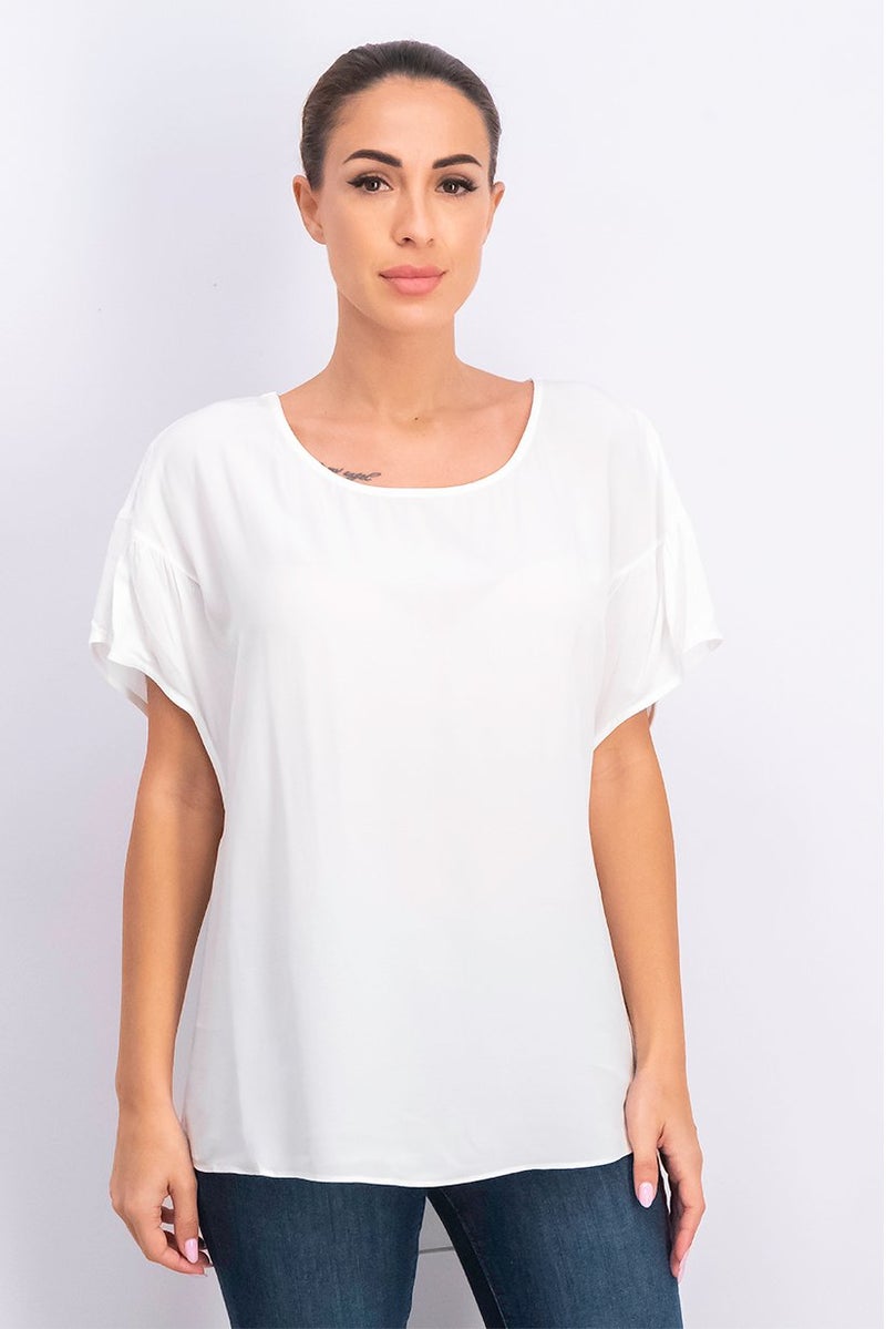 Women Round Neck Short Sleeves Plain Tunic Top, White