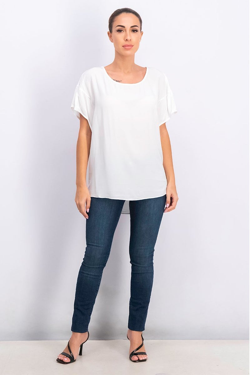 Women Round Neck Short Sleeves Plain Tunic Top, White