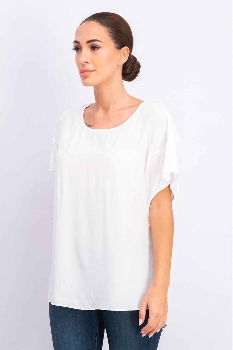 Women Round Neck Short Sleeves Plain Tunic Top, White